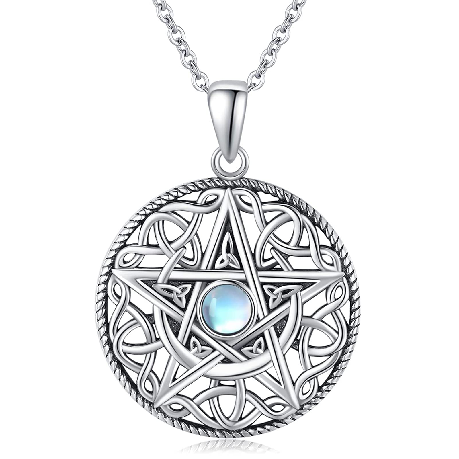 Twoowl Pentagram Necklace 925 Sterling Silver Moon Pentacle Pendant Celtic Knot Pagan Witchy Wiccan Amulet Jewelry Gifts for Women Girlfriend