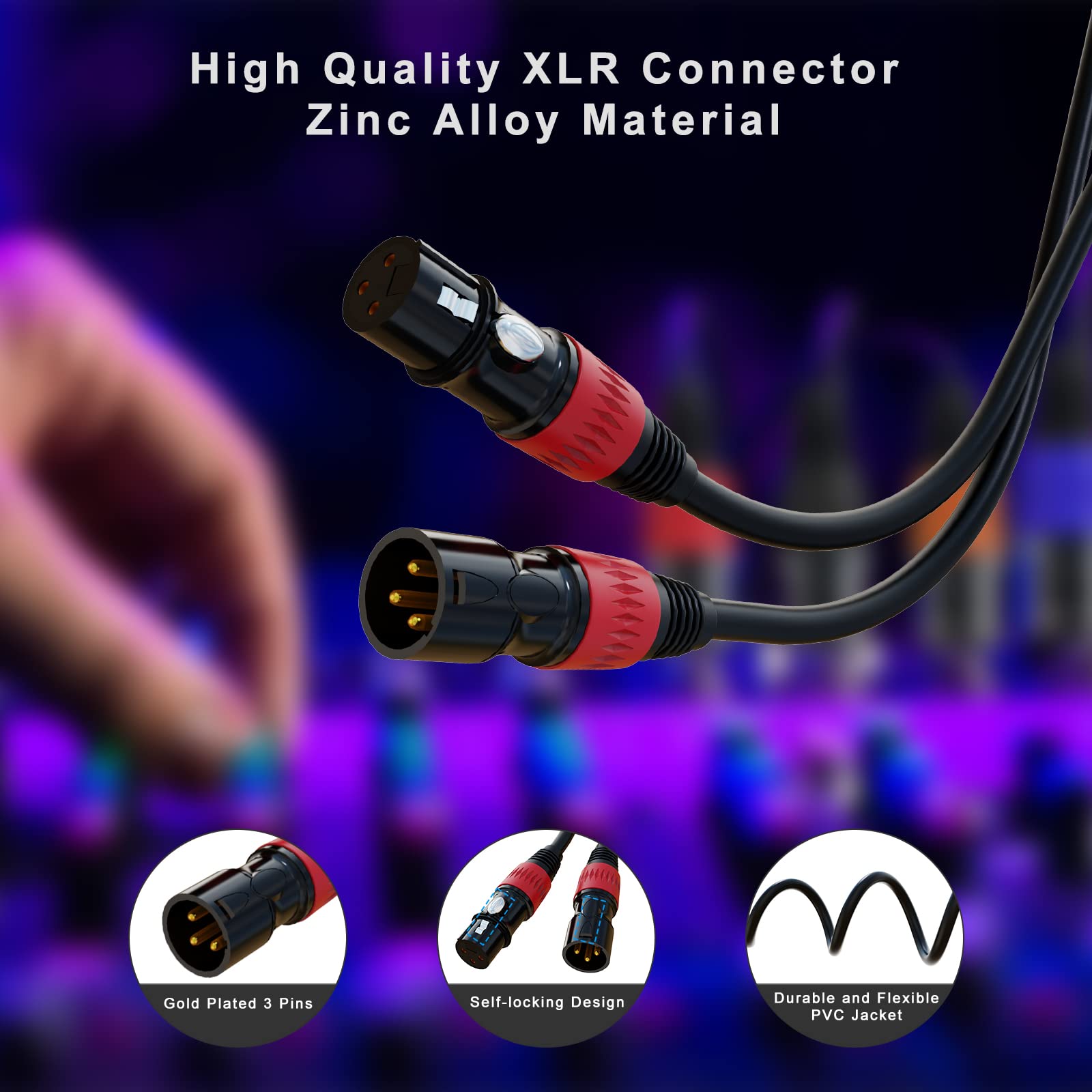 AuxLink XLR Cables, XLR Microphone Cable 25 ft 6 Pack, Gold-Plated 3-pin XLR Speaker Cable Male to Female Balanced Mic Cable