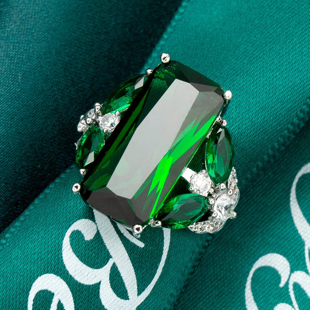 Hsitgexf Huge Lab-Grown Green Gemstone Ring Emerald Cut CZ Cubic Zirconia with Marquise Side Stones Fashion Women's Wedding Engagement Anniversary Ring (US size 6)