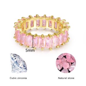 Eternity Pink Ring 14K Gold Plated Emerald Cut Cubic Zirconia Rings Eternity Bands Ring for Women (6, 14K Gold)