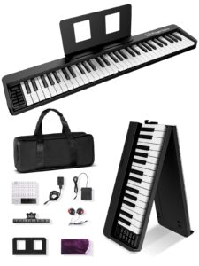 finger dance 61 key folding piano keyboard, upgrand imitation wood texture keyboard portable piano, bluetooth & midi, foldable keyboard piano for beginner - deep black