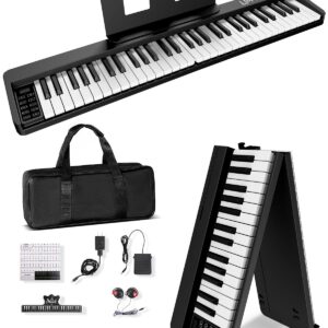 Finger Dance 61 Key Folding Piano Keyboard, Upgrand Imitation Wood Texture Keyboard Portable Piano, Bluetooth & MIDI, Foldable Keyboard Piano for Beginner - Deep Black