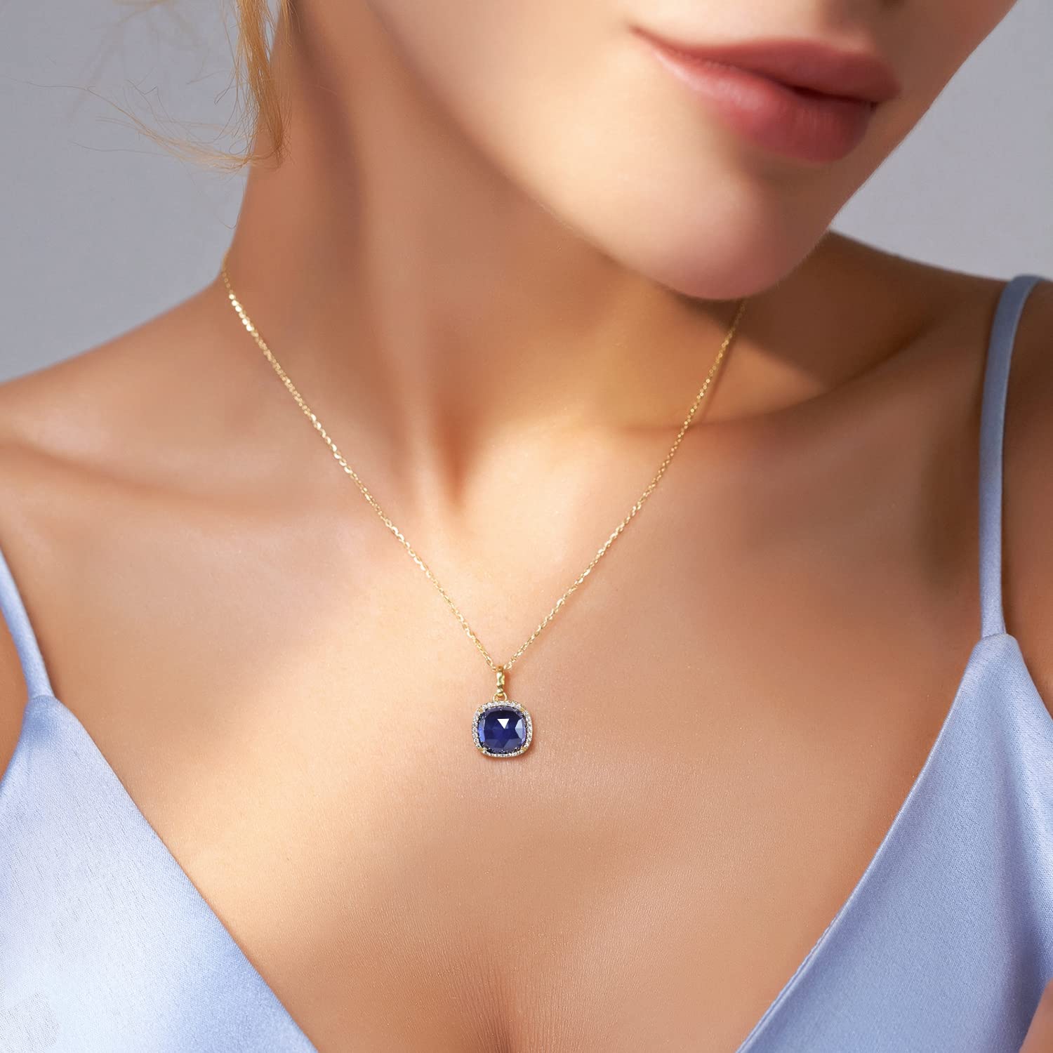 Jupiter Natural Gemstone Pendant Necklace,14k Gold/Rhodium Plated Genuine Gemstone Square Pendant Necklace for Ladies & Girls, Gold Plated, Sapphire