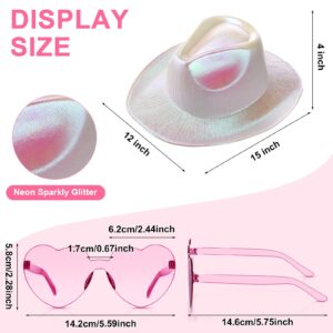 Zhanmai 6 Sets Holographic Cowboy Hat Neon Space Cowgirl Hat with Sunglasses Glitter Cowboy Hat for Women Men Costume Party (Rose, Pink, Clear)