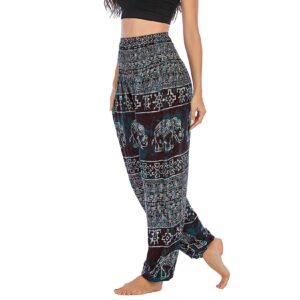 Lu's Chic Women's Smocked Waist Yoga Pant Boho Elephant Printed Bohemian Hippie Cinch Bottom Thai Indian Jogger Elastic Waist Harem Pants Tapered Leg Black One Size