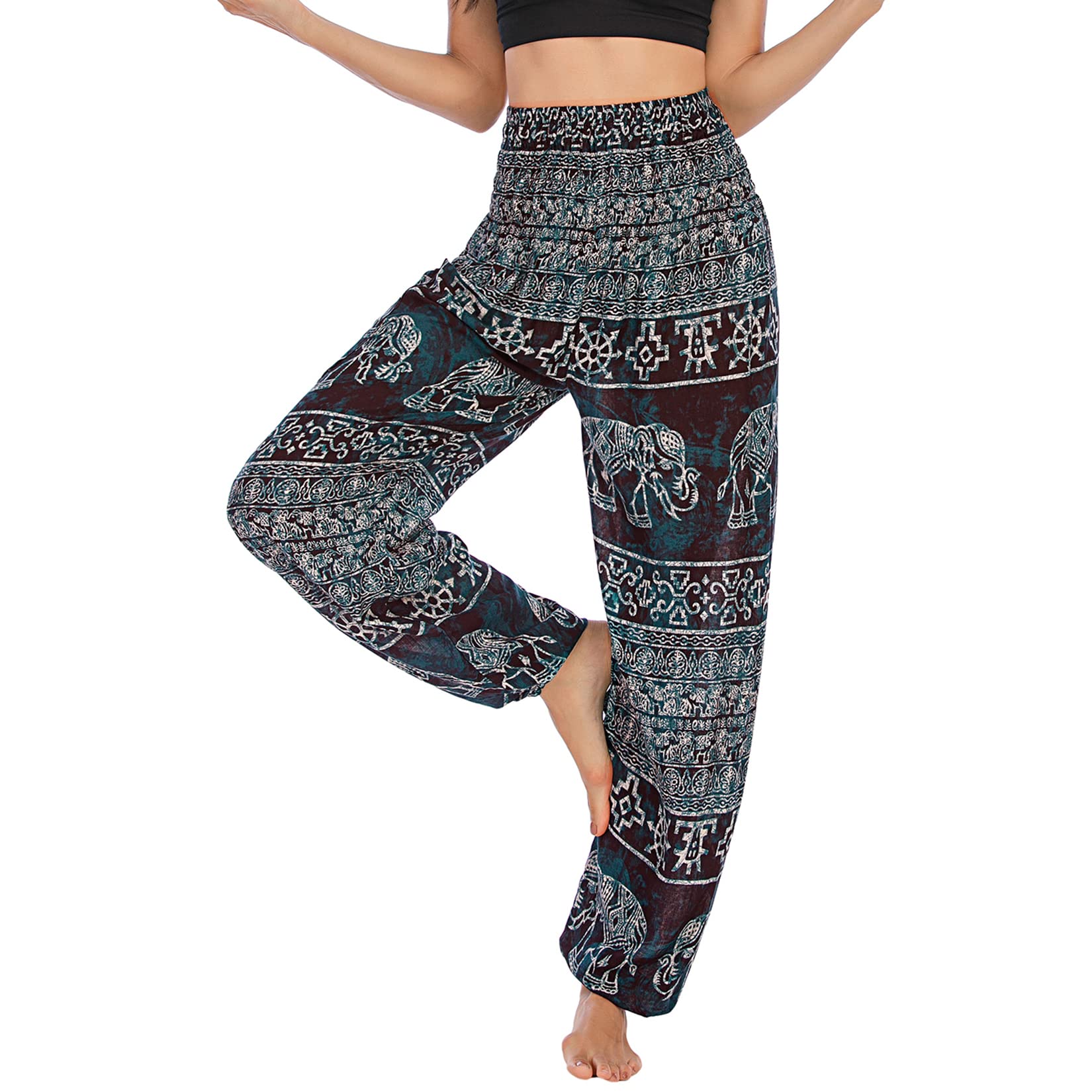 Lu's Chic Women's Smocked Waist Yoga Pant Boho Elephant Printed Bohemian Hippie Cinch Bottom Thai Indian Jogger Elastic Waist Harem Pants Tapered Leg Black One Size