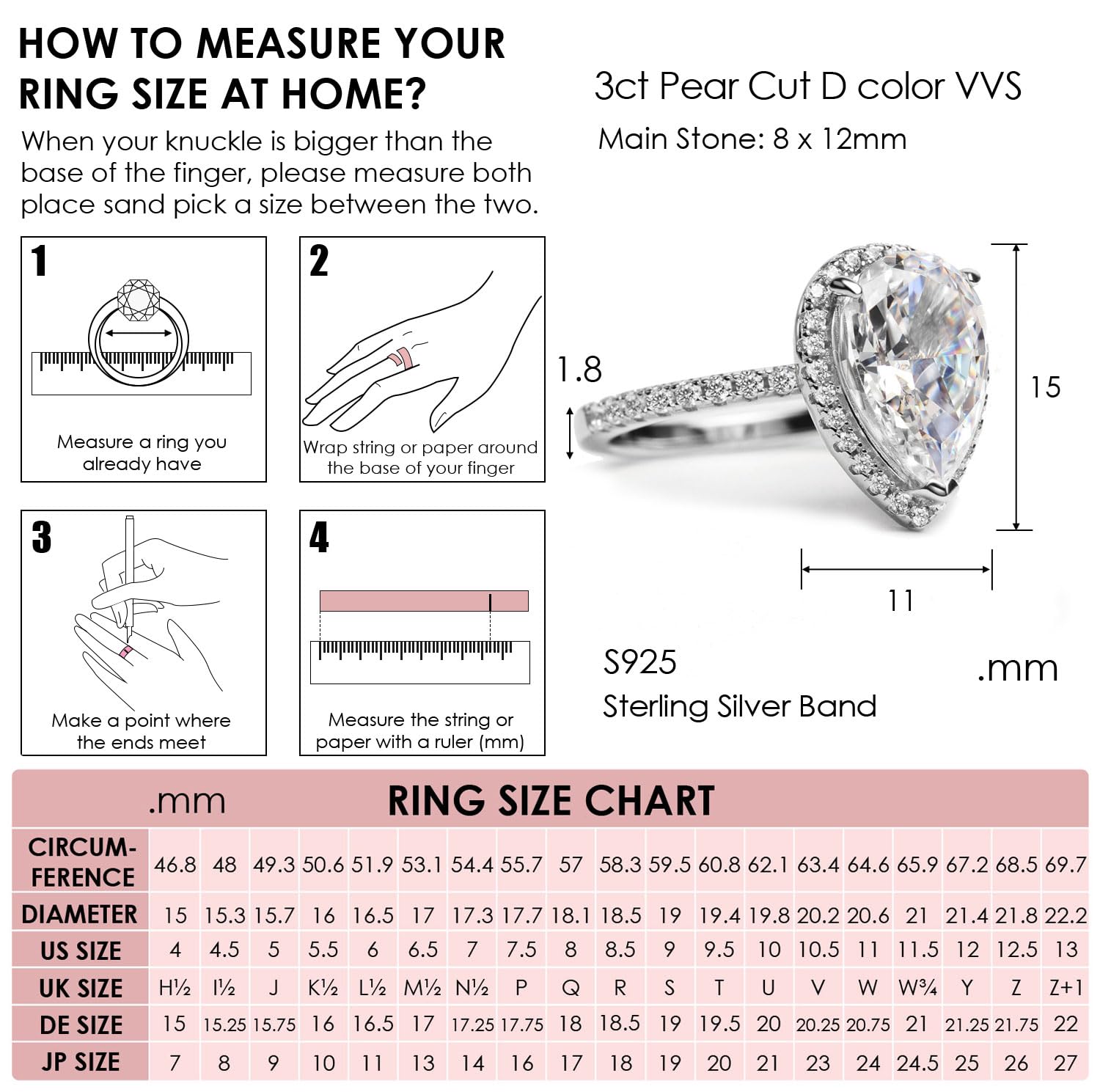 Michooyel S925 3.0ct Pear Cut Engagement Ring for Women Cubic Zirconia Wedding Ring Promise Ring Sterling Silver Wedding Band