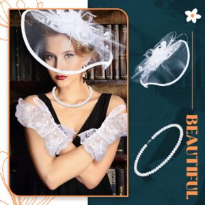 3 Pieces Fascinators Hats for Women Tea Party Hat Feathers Veil Mesh Hat Lace Gloves Pearl Choker Necklace Set for Wedding Cocktail Party, White