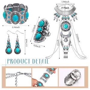 4 Pieces Boho Turquoise Jewelry Set Includes Boho Statement Necklace Body Chains Alloy Oval Resin Drop Dangle Earrings Adjustable Heart Compressed Turquoise Bracelet Turquoise Statement Ring for Women