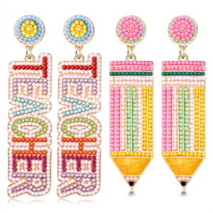 nlcac 2 pairs teacher earrings for women beaded teacher pencil drop dangle earrings teacher appreciation gifts for women pencil