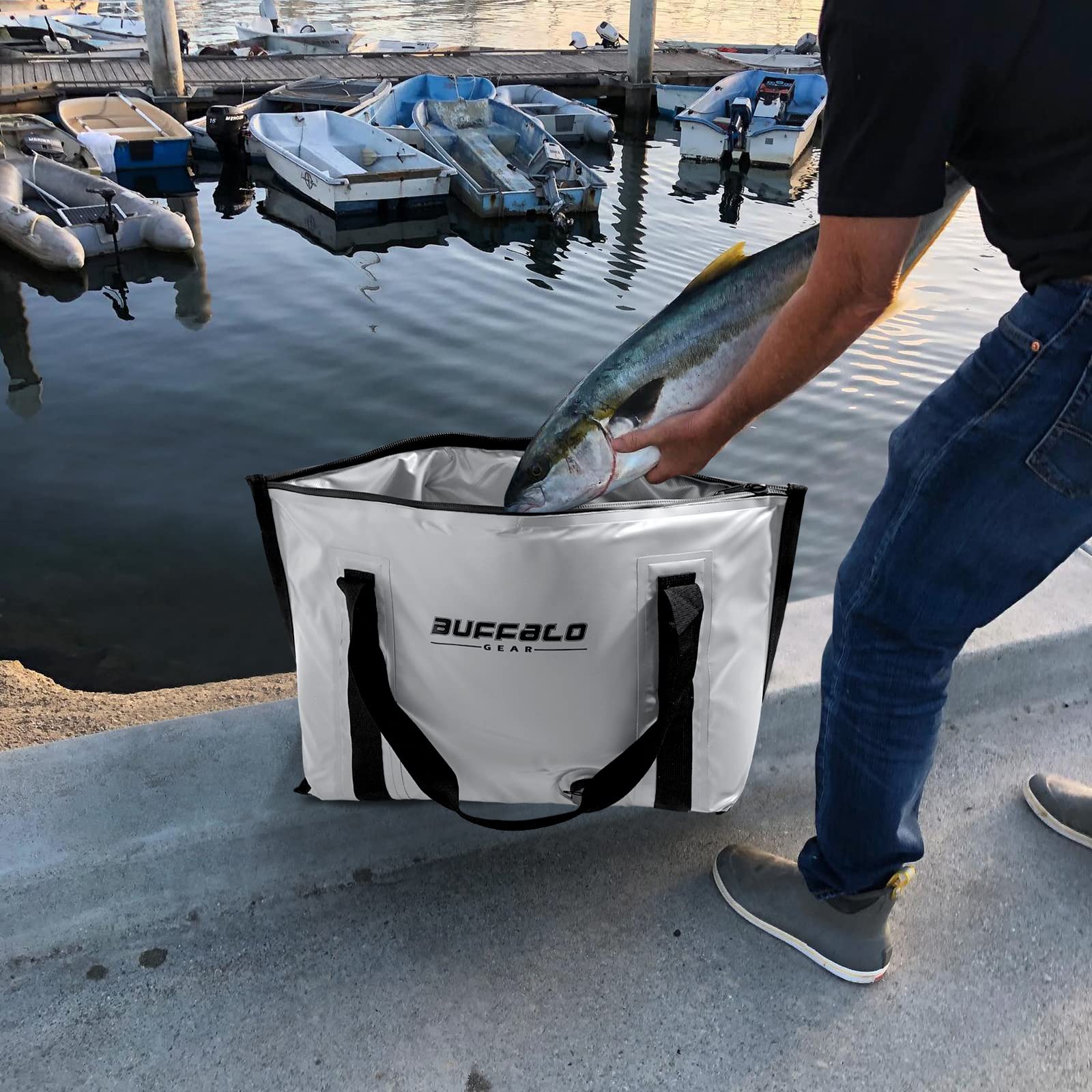 Buffalo Gear Insulated Fish Bag Cooler Flat Bottom-26L Waterproof Fish Kill Bag,Small Fishing Bag Leakproof Fish Cooler (White)