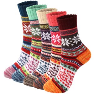 5 pairs comfortable and warm vintage crew socks for women - soft wool knit cabin socks, cozy thick winter gifts