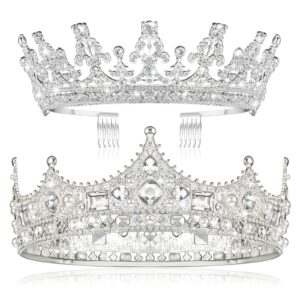 Juexica 2 Pieces Crowns King and Queen Wedding Crown and Tiaras for Women Men Halloween Princess Vintage Headband Birthday Crown Bridal(Silver)