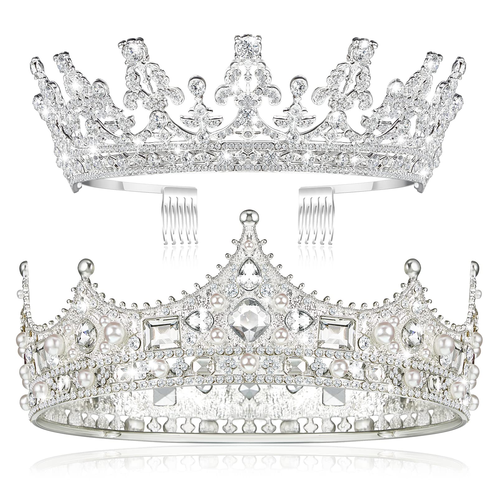 Juexica 2 Pieces Crowns King and Queen Wedding Crown and Tiaras for Women Men Halloween Princess Vintage Headband Birthday Crown Bridal(Silver)