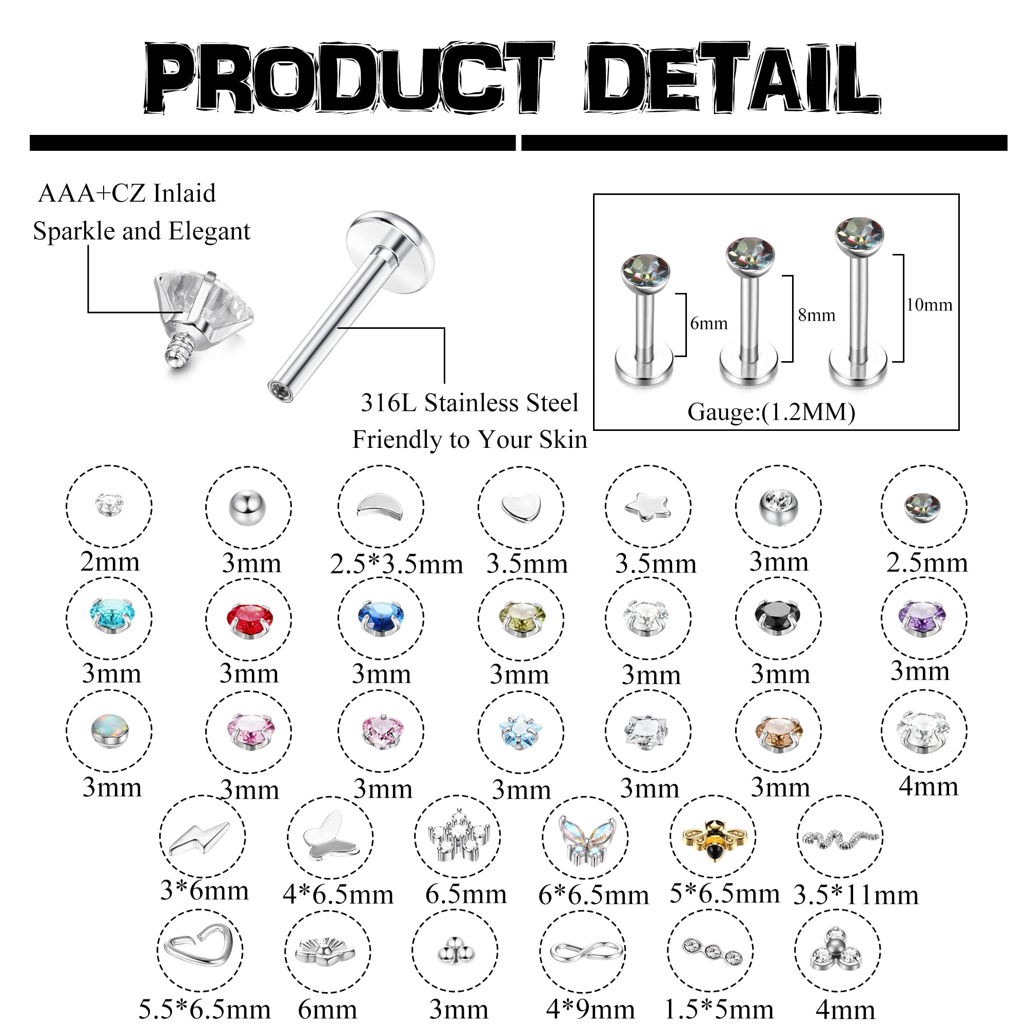 Drperfect Medusa Lip Piercing Jewelry 16G Stainless Steel 10mm Monroe Lip Rings for Women Men Labret Nose Studs Bee Butterfly Flower Snake Tragus Helix Cartilage Conch Earrings Set