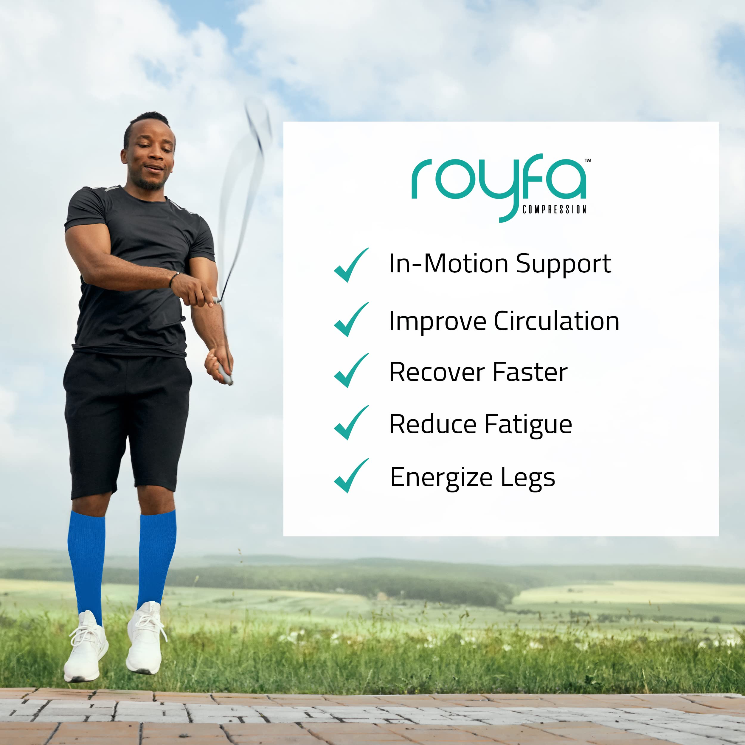 Royfa compression socks for Women and Men, 15-20 mmHg support Sock for All-Day Wear, Sports Performance circulator compression sock - Great For Running, active, sport, athletic. (Medium, Blue)