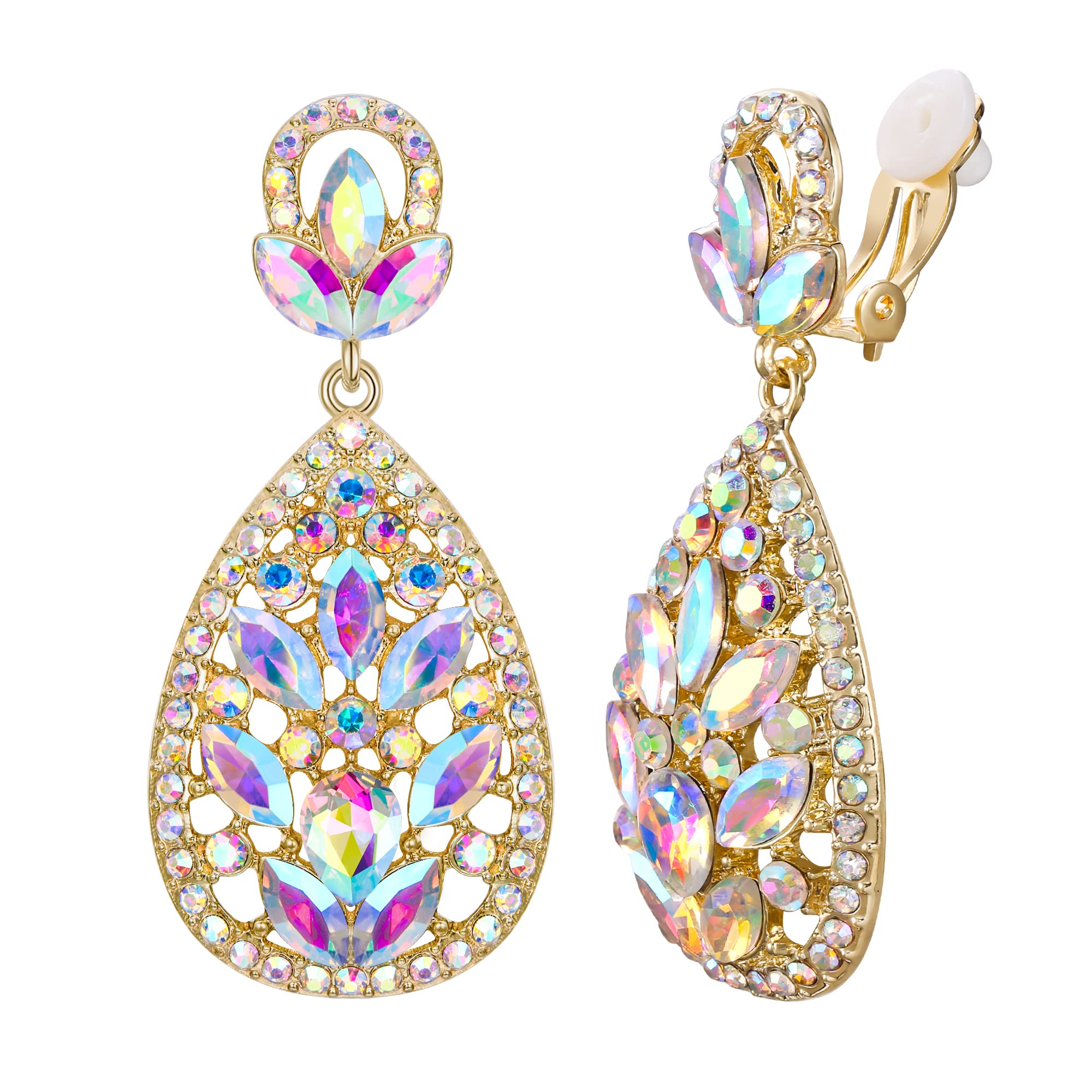 EleQueen Clip On Earrings for Women Rhinestone Crystal Wedding Bridal Bohemia Teardrop Chandelier Dangle Earrings Iridescent Clear Gold-Tone