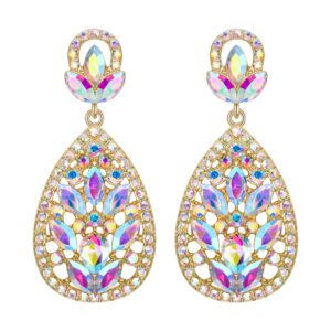 EleQueen Clip On Earrings for Women Rhinestone Crystal Wedding Bridal Bohemia Teardrop Chandelier Dangle Earrings Iridescent Clear Gold-Tone