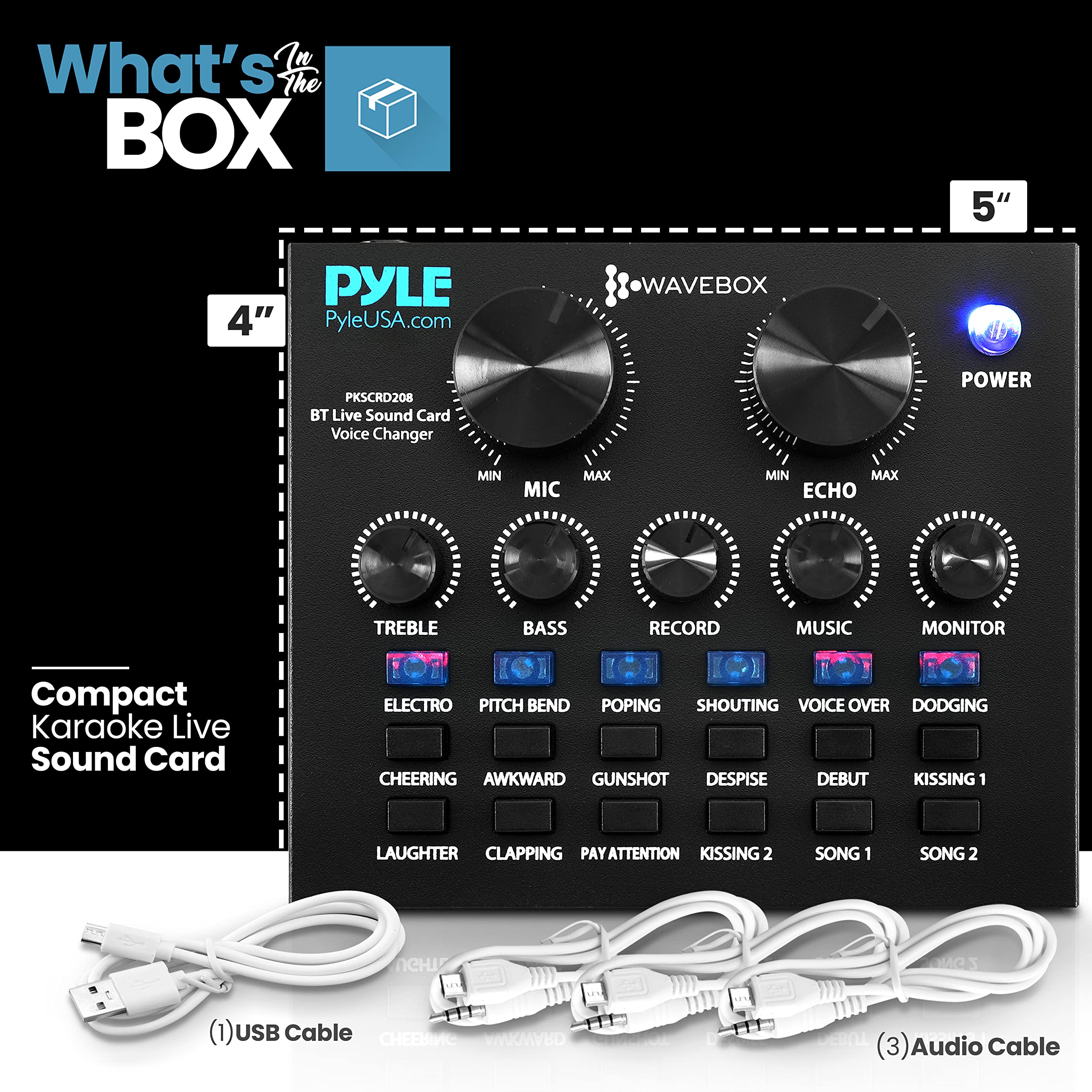 Pyle Bluetooth Mini Audio Podcast Mixer - Live Streaming For PC Computer iPhone Broadcasting Voice Changer V8 Sound Card with 12 Sound Effects,3 Inputs, Mic Input - PKSCRD208.5