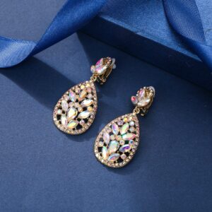 EleQueen Clip On Earrings for Women Rhinestone Crystal Wedding Bridal Bohemia Teardrop Chandelier Dangle Earrings Iridescent Clear Gold-Tone