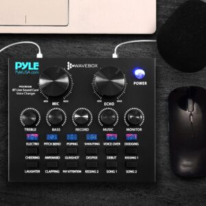 Pyle Bluetooth Mini Audio Podcast Mixer - Live Streaming For PC Computer iPhone Broadcasting Voice Changer V8 Sound Card with 12 Sound Effects,3 Inputs, Mic Input - PKSCRD208.5