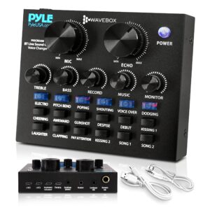 pyle bluetooth mini audio podcast mixer - live streaming for pc computer iphone broadcasting voice changer v8 sound card with 12 sound effects,3 inputs, mic input - pkscrd208.5