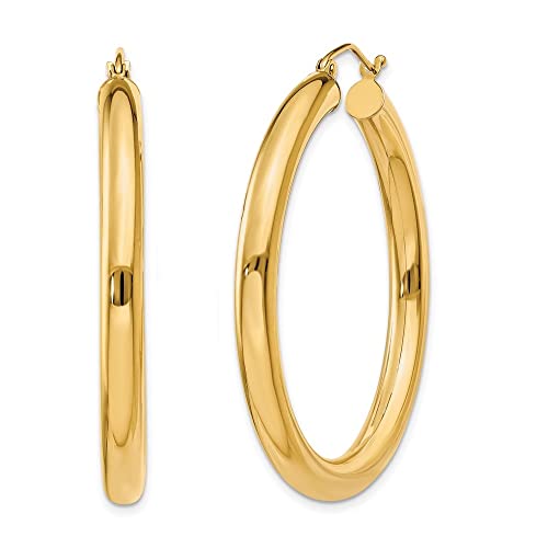 14K Yellow Gold 4mm Thick 1 3/4 inch Classic Round Hoop Earrings