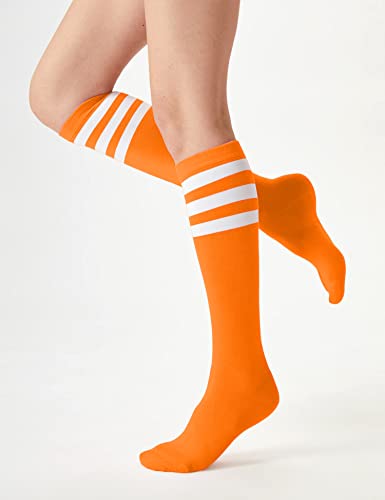 Joulli Women's Knee High Athletic Socks Stripe Tube Outdoor Sport Socks 3 Pairs, Orange