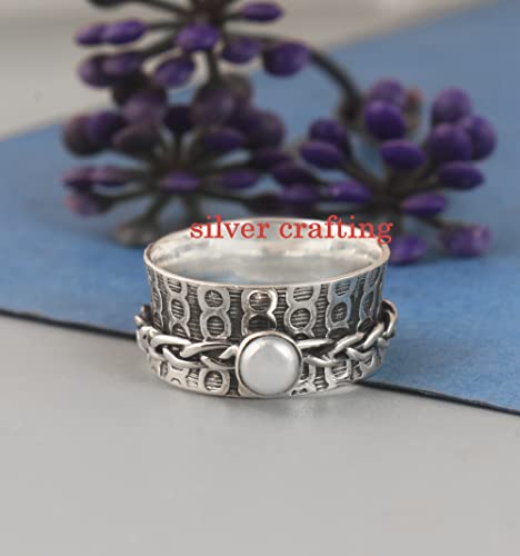 925 Sterling Silver Round Pearl Spinner Ring Handmade Silver Meditation Boho Worry Ring Valentine's Day Bridal Gift (9)