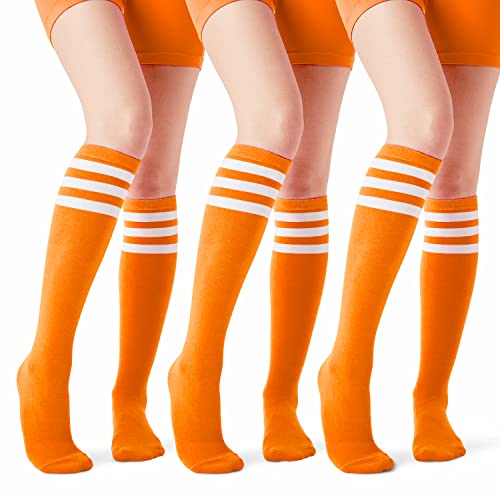 Joulli Women's Knee High Athletic Socks Stripe Tube Outdoor Sport Socks 3 Pairs, Orange