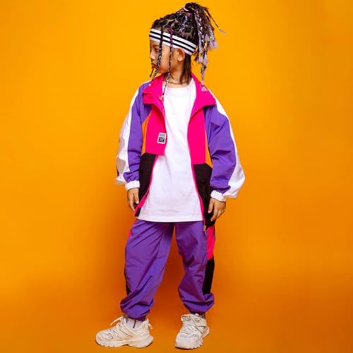 LOLANTA Boys' Girls' Color Block Jacket Track Pants Sets Dance Outfits Sportswear Unisex (8-10, purple)