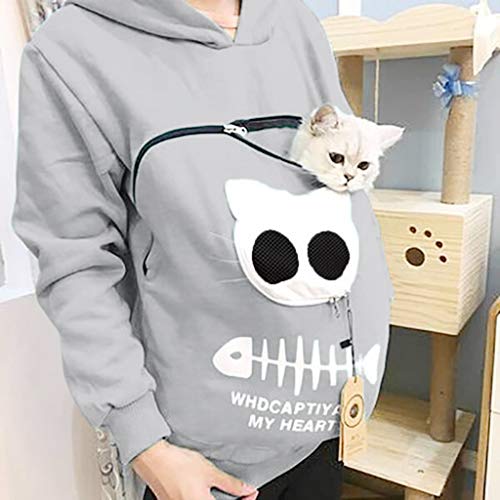 Women's Men's Pet Carrier Hoodie Kitten Puppy Holder Animal Pouch Sweatshirt Top Carry Cat Breathable Pullover Blouse Gray