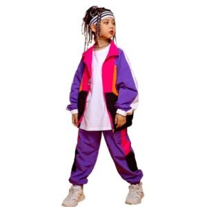 LOLANTA Boys' Girls' Color Block Jacket Track Pants Sets Dance Outfits Sportswear Unisex (8-10, purple)