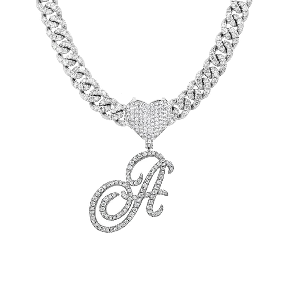 BLBLJERY A Initial Necklaces Silver Cuban Link Chain for Women Iced Out Chain with Heart Letter Pendants Custom Chain Name Necklace Hip Hop Jewelry Gift