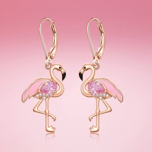 Flamingo Earrings for Women Christmas Flamingo Dangle Earrings Rose Gold Sterling Silver Leverback Flamingos Jewelry