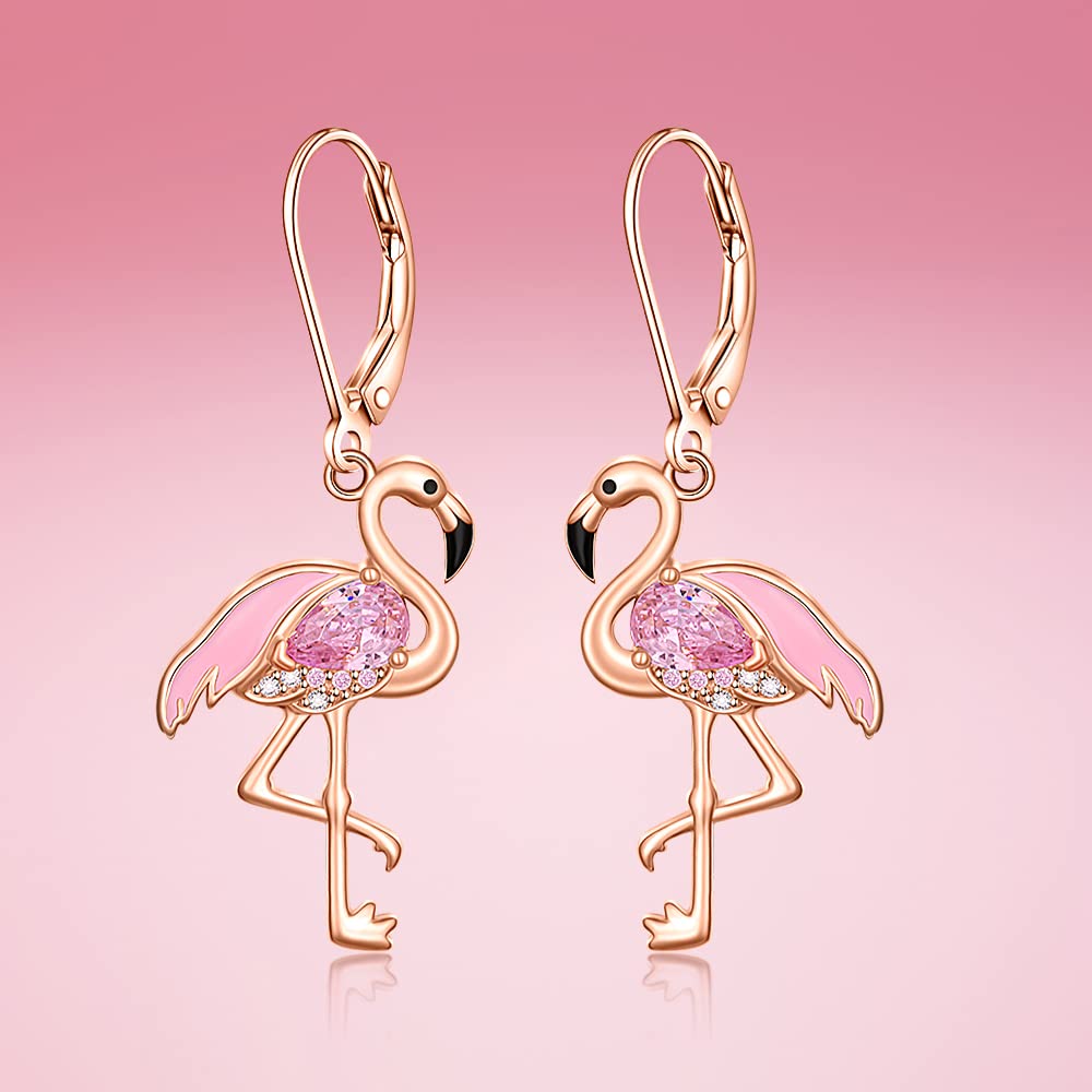 Flamingo Earrings for Women Christmas Flamingo Dangle Earrings Rose Gold Sterling Silver Leverback Flamingos Jewelry