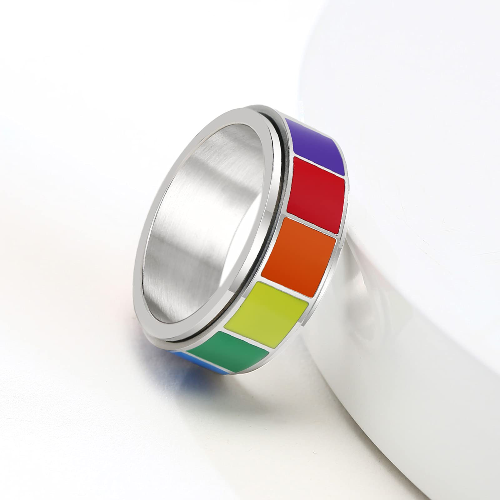 ANIEJUFI Stainless Steel Rainbow LGBT Spinner Ring Gay Lesbians Pride Jewelry Fidget Band Rings for Men Women Silver Size 12