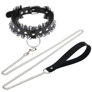 DAMSIL Punk Harajuku Lace Collar Hauling Chain PU Leather Choker Metal Ring Gothic Necklace Neck Accessories Adjustable Buckle (Black)