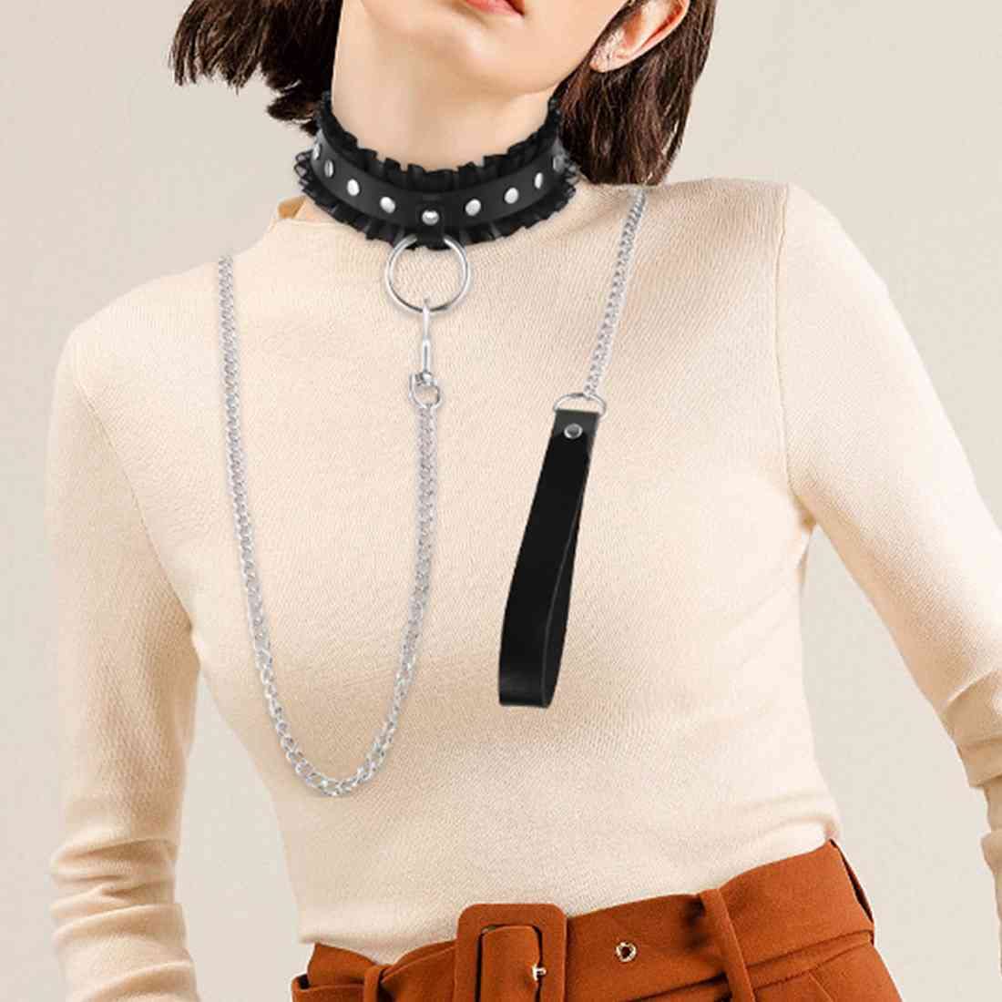 DAMSIL Punk Harajuku Lace Collar Hauling Chain PU Leather Choker Metal Ring Gothic Necklace Neck Accessories Adjustable Buckle (Black)