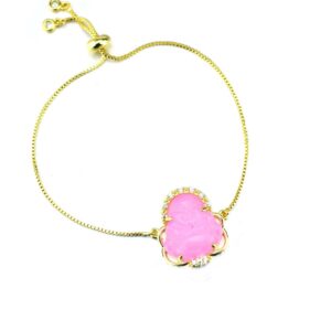 COLORFUL BLING Natural Jade Stone Laughing Buddha Link Bracelet Pendant 18K Gold Plated Cubic Zirconia Crystal Adjustable Lucky Gemstone Amulet Protection Jewelry for Women Men-Pink