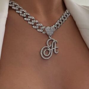 BLBLJERY A Initial Necklaces Silver Cuban Link Chain for Women Iced Out Chain with Heart Letter Pendants Custom Chain Name Necklace Hip Hop Jewelry Gift