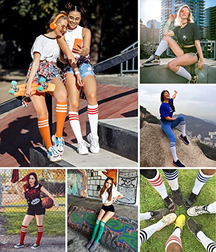 Joulli Women's Knee High Athletic Socks Stripe Tube Outdoor Sport Socks 3 Pairs, Orange