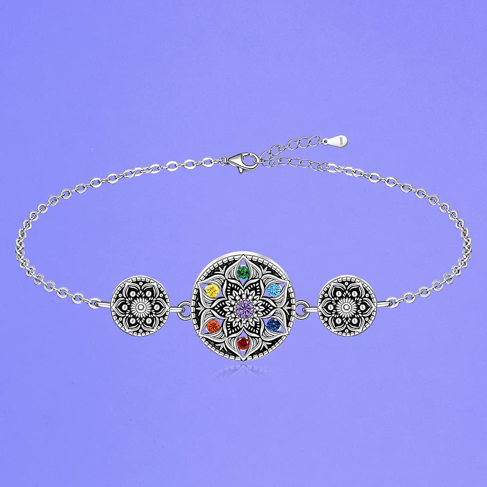 Fenthring Chakra Bracelets for Women Yoga Lotus Mandala 7 Chakra Bracelet Sterling Silver Protection Anxiety Balance Lotus Flower Meditation Gifts