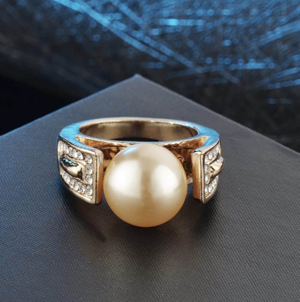 HUKQBUNX 18K Gold Simple Temperament Natural Pearl White Pearl Diamond Inlaid Women's Ring Vintage Women's Precious Couple Ring Size 6-9 (Size 9)