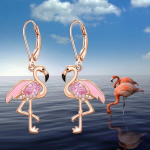 Flamingo Earrings for Women Christmas Flamingo Dangle Earrings Rose Gold Sterling Silver Leverback Flamingos Jewelry