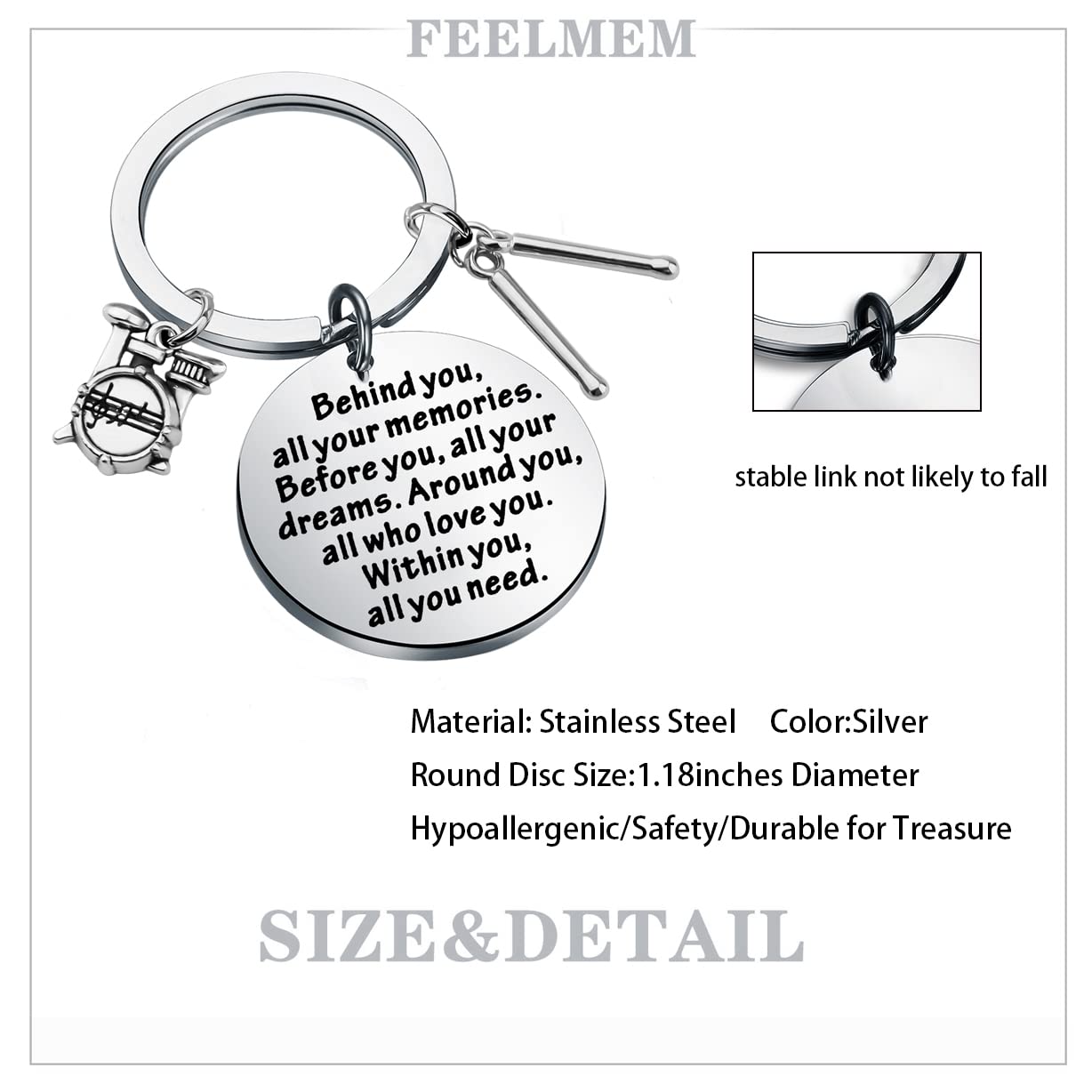 FEELMEM Drummer Gift Behind You All Your Memories Keychain Drum Kit Gifts Musician Jewelry Music Student Graduation Gift Percussion Jewelry (Drummer-ky)