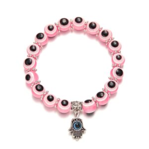 Evil Eye Bead Bracelet Hamsa Hand Fatima Beaded Charm Bracelets Blue Eye Stretch Amulet Bracelets Turkish Evil Eye Good Luck Protection Bracelet Colorful Stretch Kabbalah Jewelry-Pink