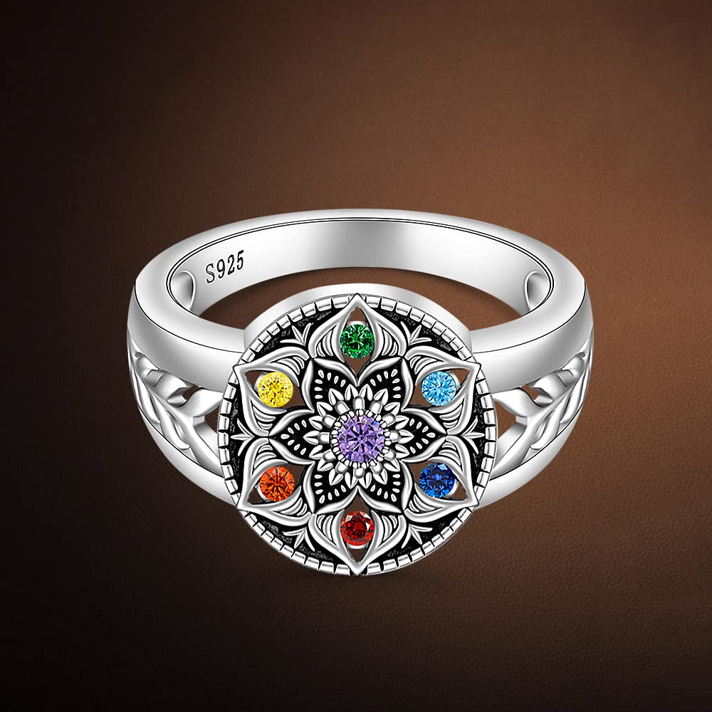 Chakra Ring Mandala Lotus Rings for Women Sterling Silver Yoga Lotus Flower Healing Crystal 7 Chakras Protection Balance Jewelry Gifts Size 7