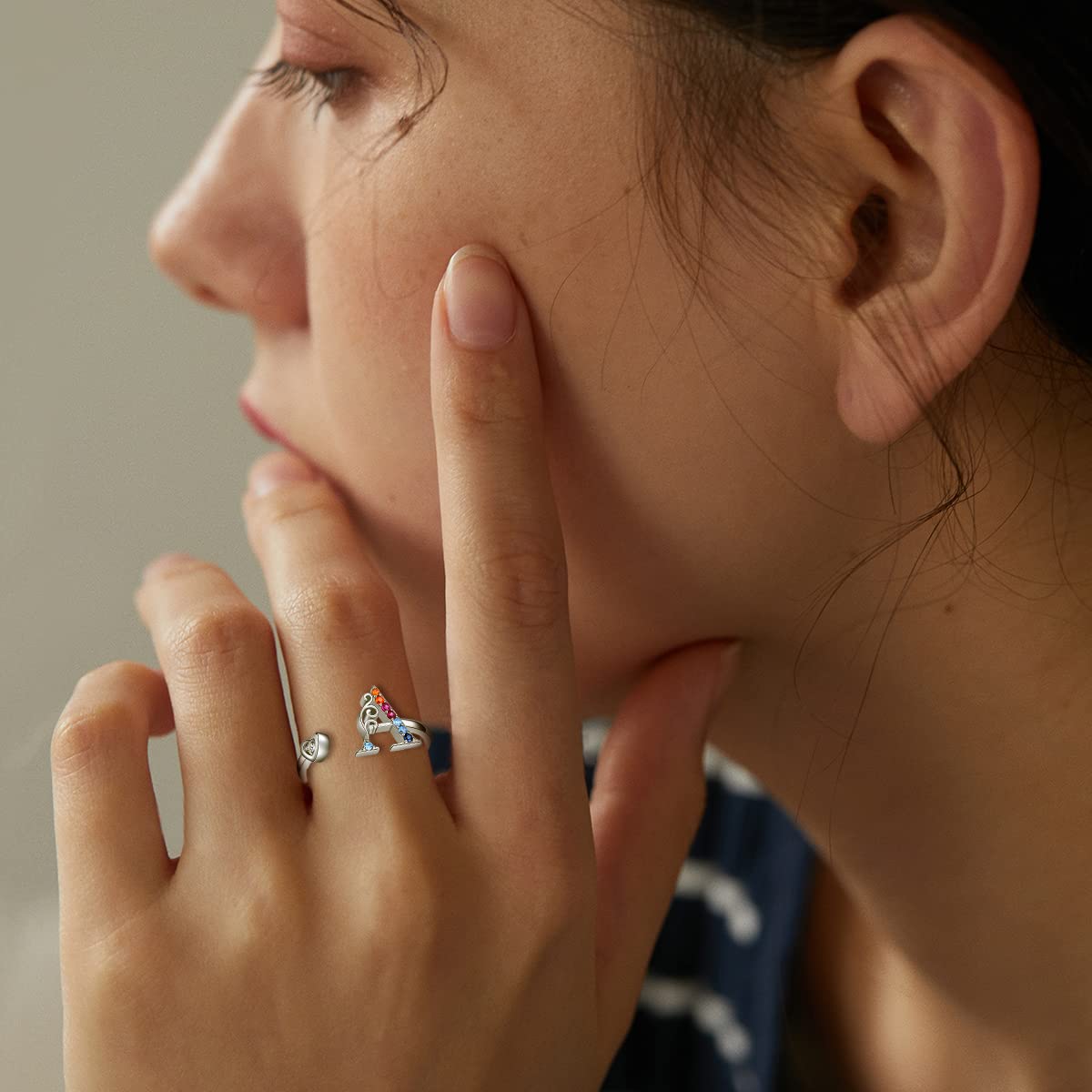 FOREVER QUEEN Adjustable Initial Ring,925 Sterling Silver Statement Rings with Colorful Stone, Personalized Letter Stacking Ring Alphabet A to Z for Women