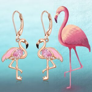 Flamingo Earrings for Women Christmas Flamingo Dangle Earrings Rose Gold Sterling Silver Leverback Flamingos Jewelry